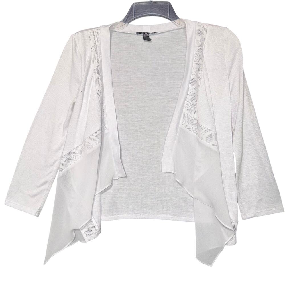 A Byer Girls Cardigan Sweater Open Drape Front Sheer Chiffon Lace White Medium